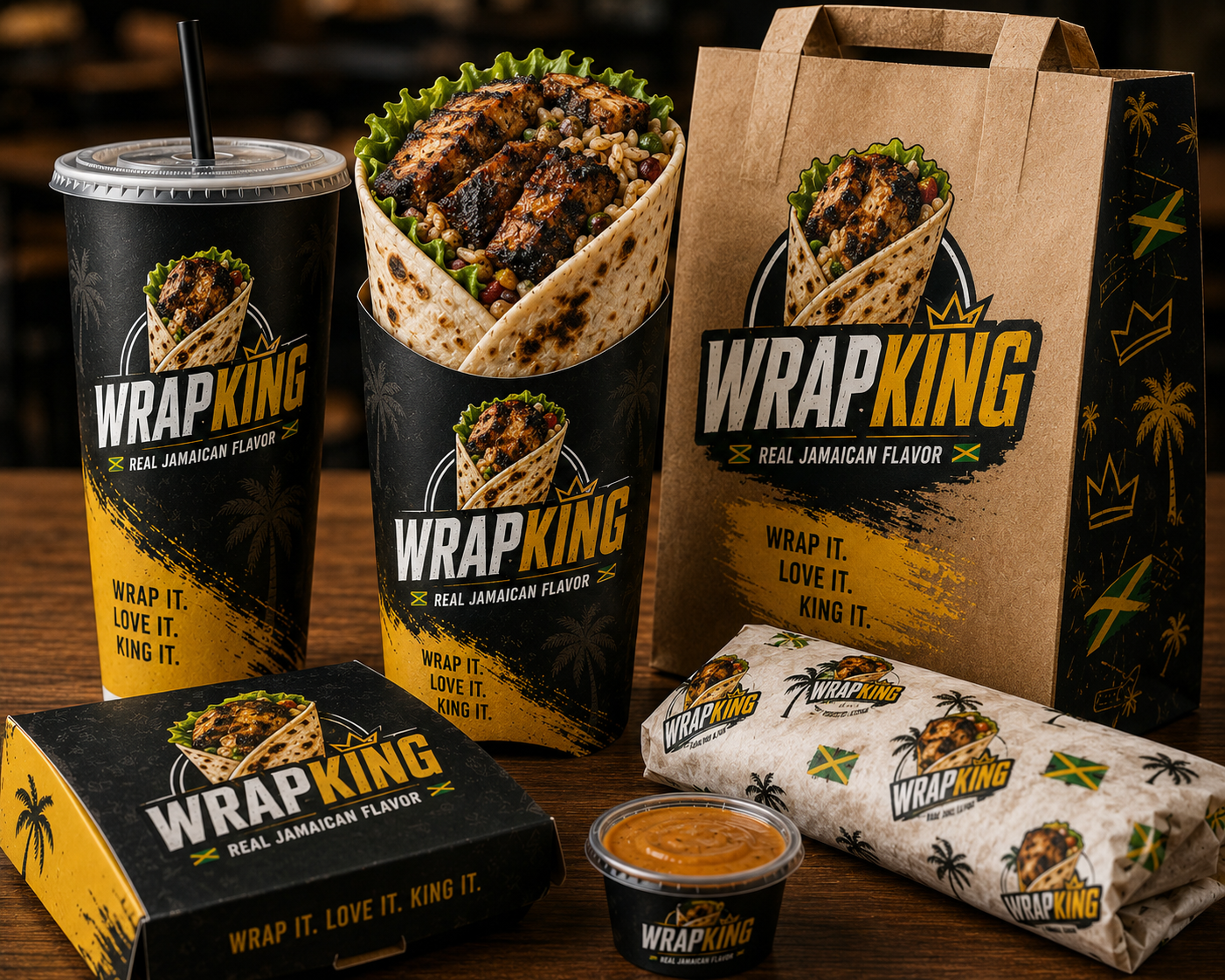 WRAPKING branded cup, wrap sleeve, kraft carry bag, box, sauce cup, and wrapped meal packaging