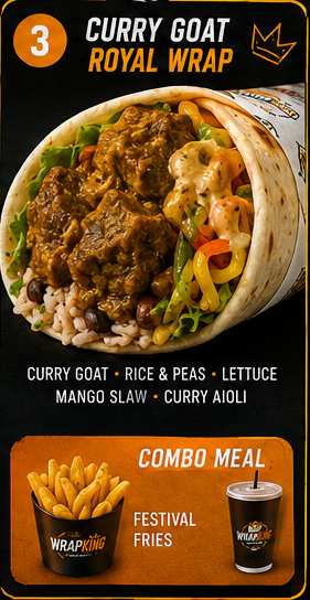 Curry Goat Royal Wrap menu card